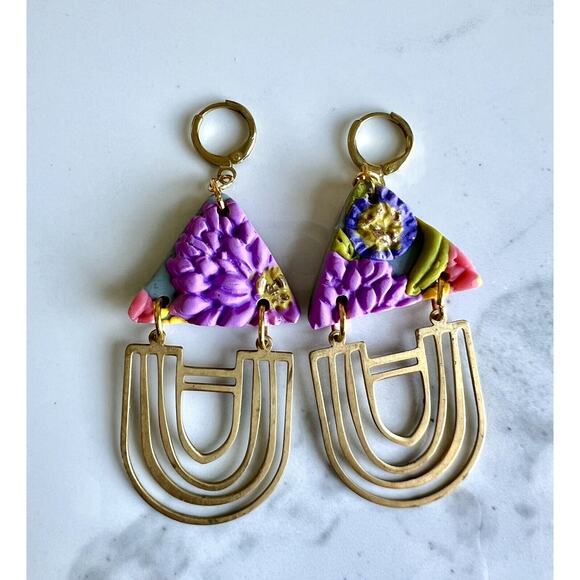 Handmade Polymer Clay Earrings Handcrafted Artwork Floral - Picture 1 of 6